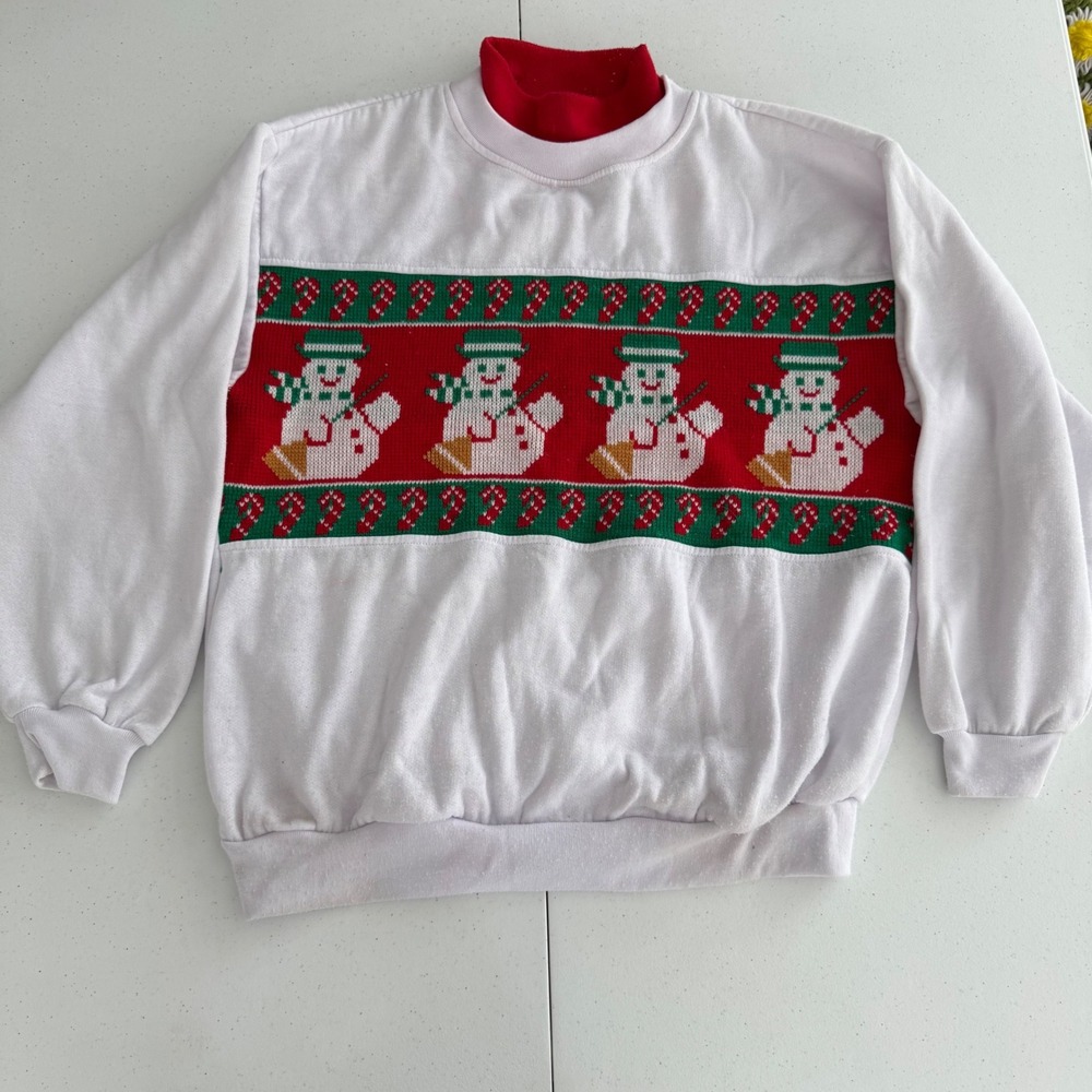 Vintage Ugly Christmas Sweater Grandma Women Large White Snowman Candy Cane